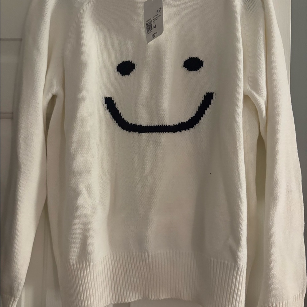 Forever 21 White Sweater with Black Smiley Face